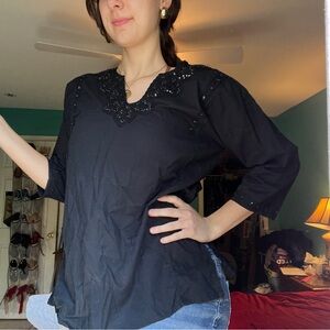 Covington Black Blouse with Embellished Neckline